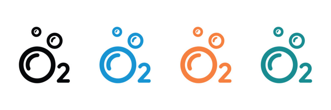 Vibrant O2 Molecule Icon Set in Black, Blue, Orange, and Teal Representing Oxygen, Science, Health, and Medical Branding Concept Vector Illustration