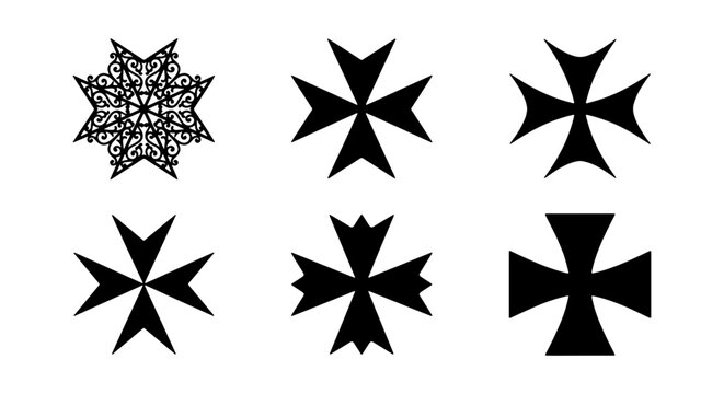 Maltese Cross Icons, Heraldic Symbols, Geometric Ornaments, Black Vector Graphics Set