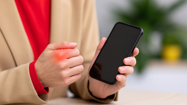 Close-up of Woman with Inflamed Thumb Tendon Using Smartphone