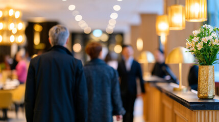 Fototapeta premium Fully Blurry Luxury Restaurant Host Stand with Arriving Customers