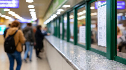 Fototapeta premium Blurry Public Transportation Ticket Office with Commuters and Information Desk Concept