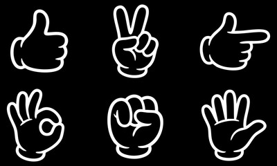 Fototapeta premium Collection of white cartoon hand gestures illustrated as a clean vector graphic on black background