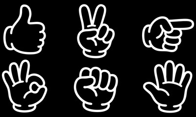 Obraz premium Collection of white hand gesture vector illustrations set against a solid dark black background surface