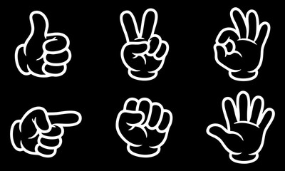 Fototapeta premium Cartoon hand gestures set featuring white outlines on a solid black background as vector graphic design