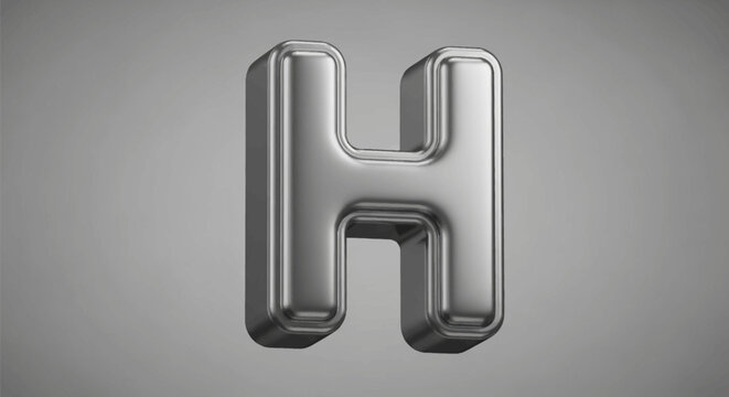 Three-dimensional capital letter H with a polished silver metallic finish and rounded beveled edges, isolated on a neutral grey gradient background with studio lighting.