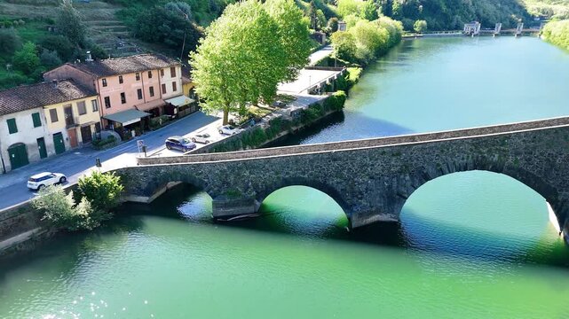 Aerial view of Devil&rsquo;s Bridge Ponte della Maddalena Borgo a Mozzano Tuscany