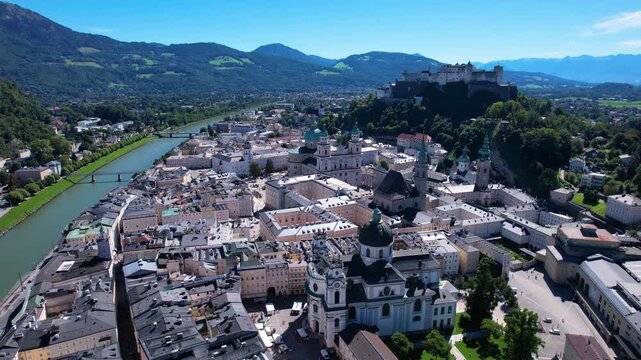 Salzburg Old Townscape Aerial Drone View Historic Center Hohensalzburg Fortress River Salzach Cathedral Domes Austria Travel Destination UNESCO Medieval Cityscape Skyline Panorama Scenic Alps Europe