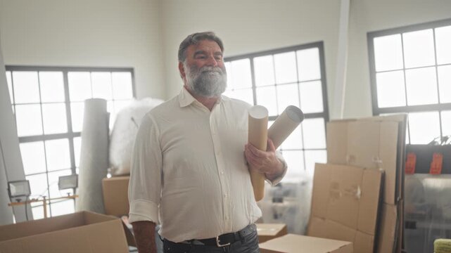 Man holding rolled blueprints and packages in a building with stacked cardboard and bubblewrap; quiet pride.