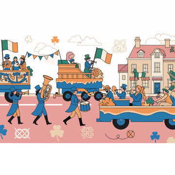 Irish parade floats with people celebrating.