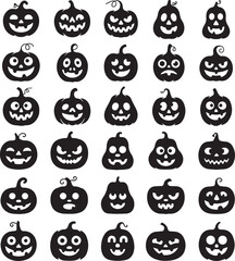 Fototapeta premium Variety of cute and scary carved pumpkin silhouettes for festive Halloween graphic projects and seasonal design inspiration