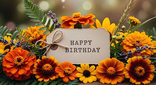 Beautiful orange and yellow flowers with happy birthday card and green leaves arrangement