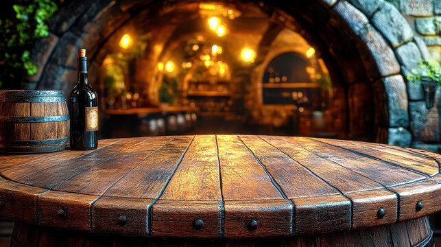 A table with free space for a bottle of wine or food and a retro interior of a cellar with barrels.