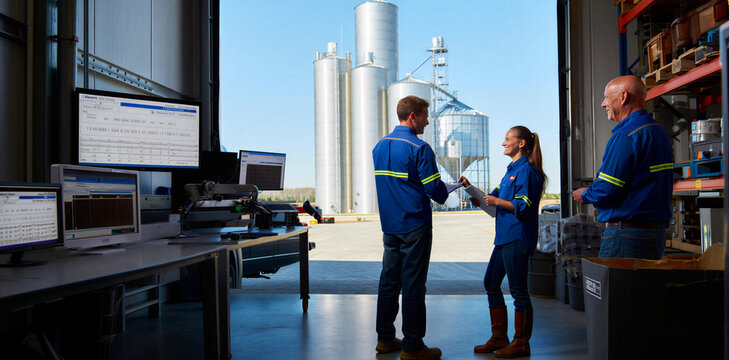 Industrial plant workers reviewing data on tablets in front of massive storage silos during a productive workday with industrial logistics business technology collaboration engineering