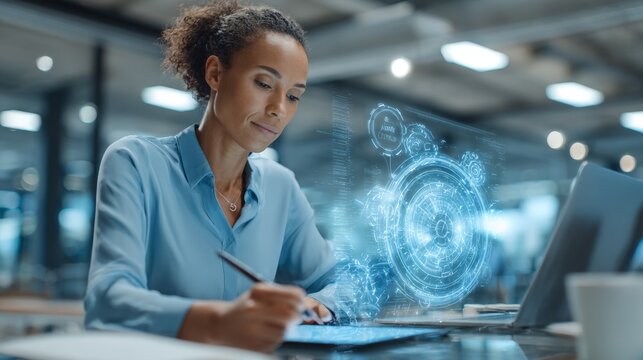 Woman focuses intently on digital interface projected above her laptop. She writes notes while glancing at floating holographic data. Her calm expression conveys concentration and digital fluency