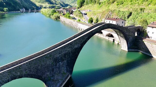 Aerial view of Devil&rsquo;s Bridge Ponte della Maddalena Borgo a Mozzano Tuscany