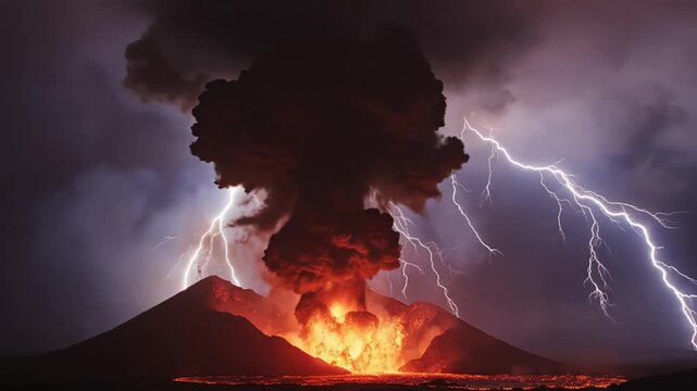 Volcano eruption with lightning storm ideal for eco-friendly campaigns and travel vlogs