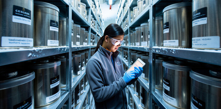 Technician in uniform and protective glasses performing quality control check in a large warehouse industrial facility with technician industrial warehouse inspection manufacturing