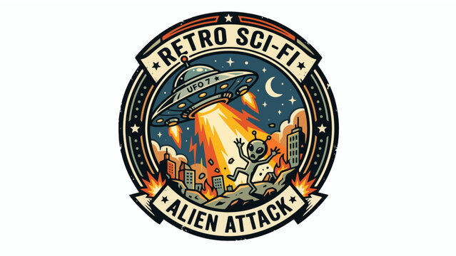 Retro Sci-Fi Alien Attack Vintage Badge Illustration