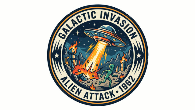 Retro Galactic Invasion and Alien Attack 1962 Badge Illustration
