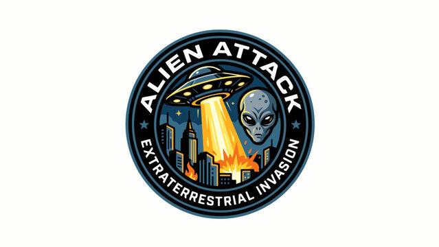 Retro Alien Attack UFO Invasion Badge Illustration