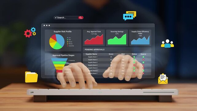 Digital Procurement Process. Vendor Workflow, SCM, Supply Chain Management, Online Purchasing, Business Automation, E-Procurement System. Businessman with Supplier Dashboard on Virtual Screen.3D Video