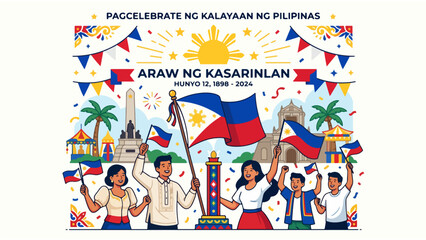 Fototapeta premium Philippines Independence Day Illustration with People Waving Flags