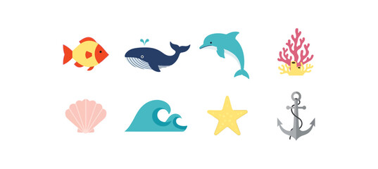 Fototapeta premium Marine life icons set on transparent background