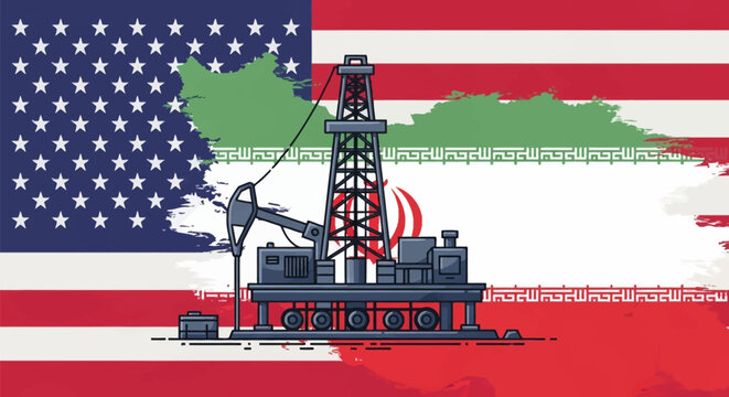 Vector illustration of an oil drilling rig and pumpjack unit set against a background featuring the United States flag and a map of Iran overlaying the American flag graphic.