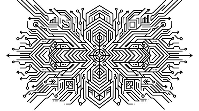 Intricate circuit board design with geometric patterns and arrows on white background illustration.