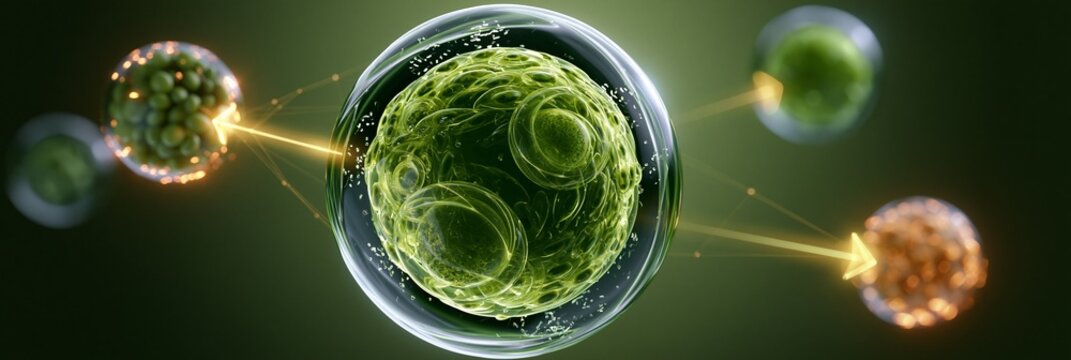 Close medium shot of a vibrant algae cell sphere illuminated by clean futuristic light linked to soybean and sugarcane spheres via glowing arrows on a subtle carbonneutral gradient