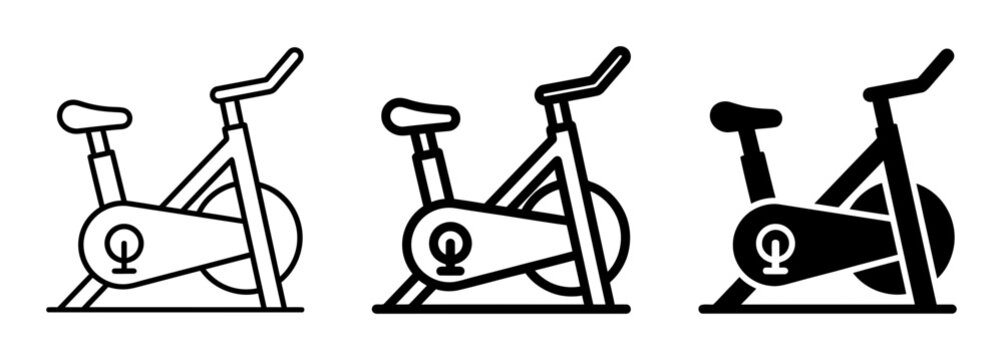 3 Exercise Bike icons, fitness equipment, cycling, workout, gym, solid outline styles, UI and web interface design