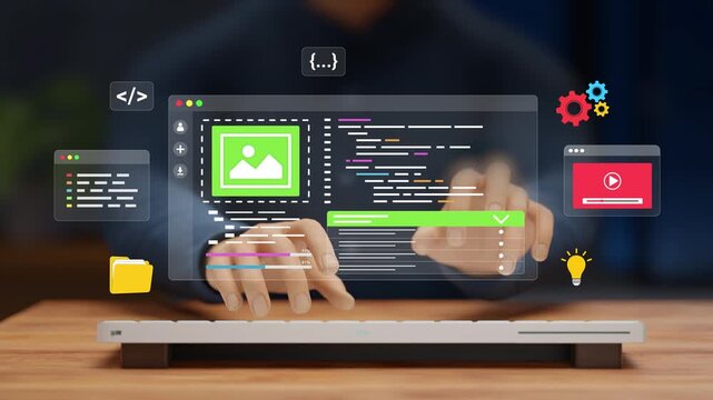 Low Code No Code Development. Virtual Coding, AI Automation, AI Software, Cloud Computing. Professional use AI to Develop Apps, Website with Minimum Coding Skills on Laptop Virtual Screen.3D Video