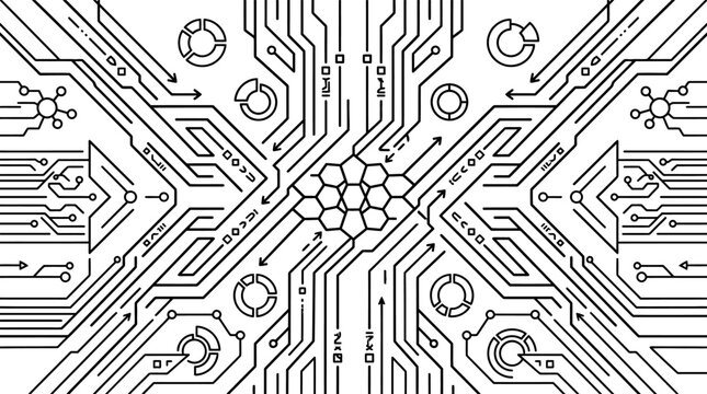 Complex circuit board illustration with hexagon shapes and arrows on white background