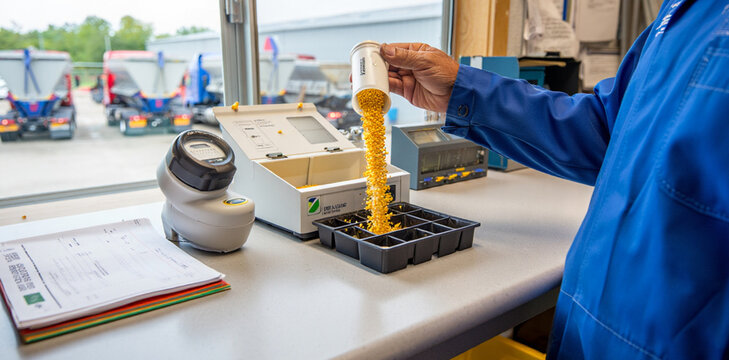 Quality control specialist inspecting grain sample for agricultural export at industrial processing plant with agriculture inspection industrial processing laboratory analysis commodity