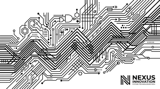 Innovative circuit board design with Nexus Innovation logo on white background illustration