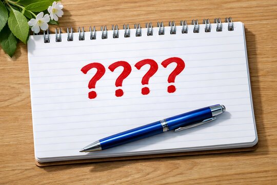 Four red question marks on a spiral notebook with a pen
