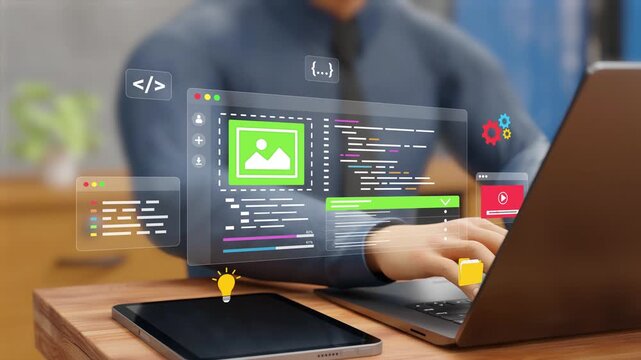Low Code No Code Development. Virtual Coding, AI Automation, AI Software, App Builder Platform, Cloud Computing. Professional using AI to Develop Apps, Website on Laptop Virtual Screen. 3D Video