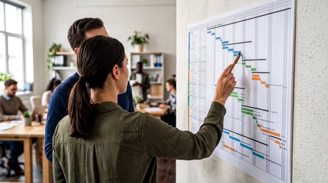 project management tools, project manager pointing at a gantt chart in a focused office setting