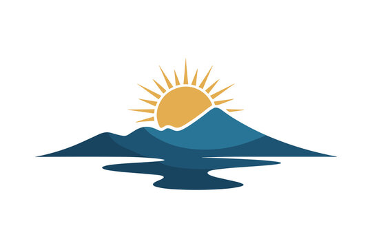 Minimalist mountain landscape with rising sun and reflection in water