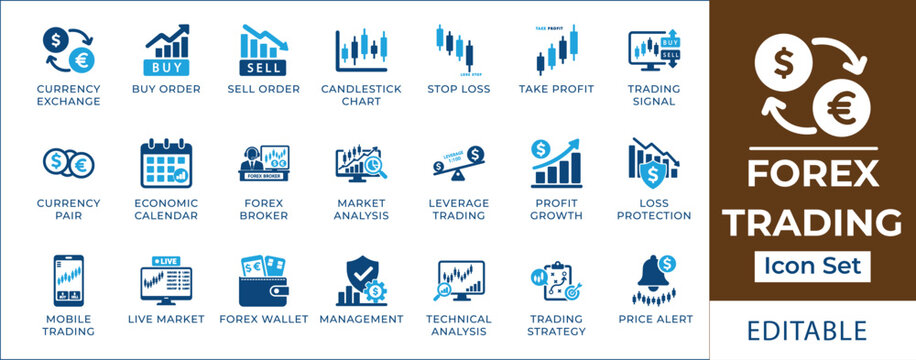 Forex trading icon set featuring currency exchange, candlestick charts, buy and sell indicators, market analysis, financial leverage, investment broker, and wallet symbols.