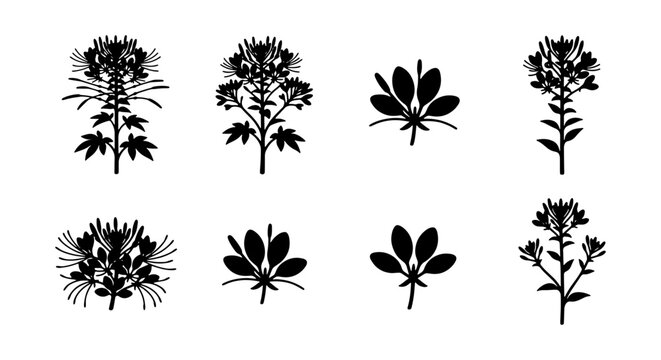 Cleome Flower Vector Icons, Botanical Plant Silhouettes, Floral Design Elements, Black and White Graphics