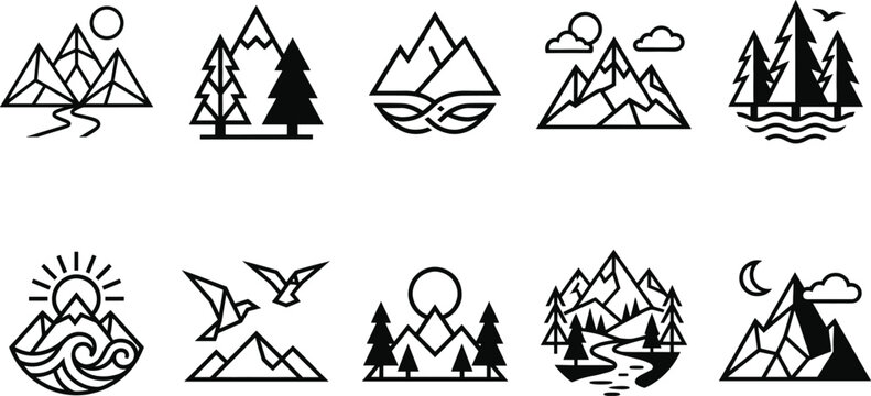 Minimalist Mountain and Forest Line Art Badge Icon Set with Pine Trees, Rivers, Sun, Moon, Waves, and Birds for Outdoor Adventure Branding and Logo Designs
