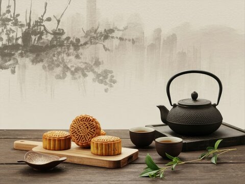 A beautifully styled food photography composition showcasing traditional Chinese mooncakes and tea in a warm, rustic setting. Three golden-brown mooncakes with intricate lattice-patterned tops are arr