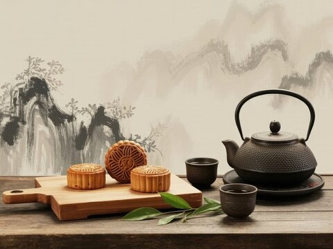 A beautifully styled food photography composition showcasing traditional Chinese mooncakes and tea in a warm, rustic setting. Three golden-brown mooncakes with intricate lattice-patterned tops are arr