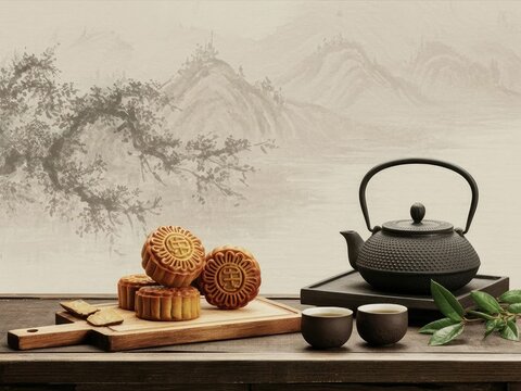 A beautifully styled food photography composition showcasing traditional Chinese mooncakes and tea in a warm, rustic setting. Three golden-brown mooncakes with intricate lattice-patterned tops are arr