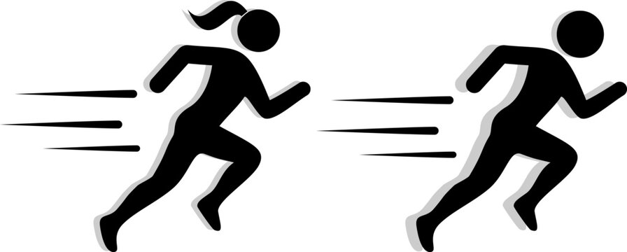 Two silhouettes of a man and a woman running, captured with a high-speed movement style and lines extending around them, concept of good fitness, exercise, athletic performance and active and healthy 
