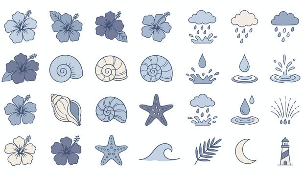 Collection of blue vector icons depicting nature and weather elements including flowers shells starfish waves clouds and a lighthouse