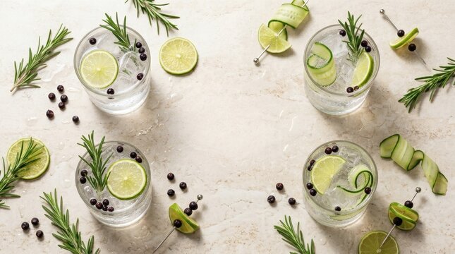 Refreshing gin cocktails with lime and blackberries on rustic wooden table summer drink setup perfect for World Gin Day