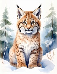 Naklejka premium Aquarell-Baby-Luchs im Winter