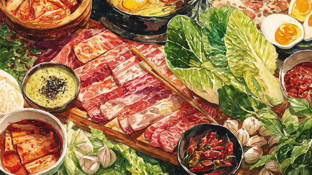 Watercolor illustration of korean BBQ ingredients in full frame composition, dense overlapping meat slices, garlic, chili, lettuce and sauces with rich warm tones.